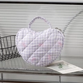 Quilted heart-shaped purple gingham makeup bag with pink bow print and top handle - Purple Grid with Bow