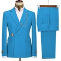 Slim fit men's two-piece business suit in vibrant lake blue with metal chain detail - Blue