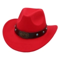 Detailed shot of red felt cowboy hat with turquoise beads and bronze star buckle decor - Kids Size / Red (Bronze Star)