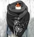 Black women's shawl with white dandelion print, warm grey plush lining and silver button - 53-Black Dandelion Butterfly