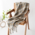 Soft checkered mohair scarf in beige, brown, and light blue with fringe detail - 45x200+10x2cm / White and Blue Plaid