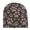 Dark grey knitted beanie with khaki paw print pattern for winter outdoor warmth - One Size / Gray