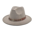 Detail of gray felt fedora hat featuring brown leather band with metal rivets and gear emblem - M(56-58cm) / Light Gray