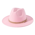 Close-up of pink wool felt jazz fedora with brown leather band and gold buckle detail - M(56-58cm) / Light Pink + Light Khaki Belt