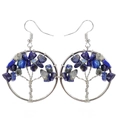Detail of handmade silver wire tree of life earrings with blue lapis lazuli stones - 3.5cm / Silver + Blue Vein Stone