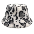 Detailed close-up of fluffy leopard print faux fur texture on a warm winter bucket hat - White