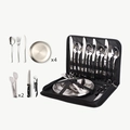 Outdoor stainless steel camping cutlery set with plates and black portable storage bag - [Standard] Silver 20-Piece Set