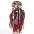 90x90cm leopard print satin square scarf with dark red border worn as a headscarf - Wine Red Leopard
