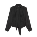 Elegante blusa de gasa negra de manga larga con lazo en el cuello y talle drapeado - XS / Negro