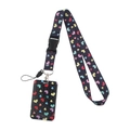 Black lanyard and ID card holder set with colorful heart patterns and white polka dots - Black Colorful Hearts Dots