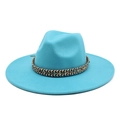 Detail of cyan wool fedora featuring a bohemian woven band with intricate patterns - M (56-58cm) / Lake Blue