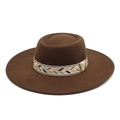 Close-up of brown wool felt fedora featuring a vintage geometric patterned woven band - M (56-58cm) / Brown