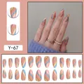 French almond press-on nails with pink blue yellow waves and gold glitter lines - Y-67 Glitter Colorful Swirl