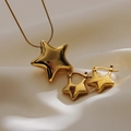 Golden polished stainless steel star jewelry set with necklace and hoop earrings - Set / Gold