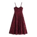 Elegant wine red lace midi dress with sequins, spaghetti straps and A-line silhouette - XS / Burgundy