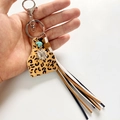 Western leopard cow tag keychain with turquoise bead, floral pendant and long tassels - Leopard Print B
