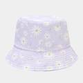 Detailed view of light purple sun hat with white daisy prints and reinforced brim stitching - Light Purple Daisy Style