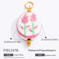 Pink tulip painted round ceramic pendant with golden stainless steel bail and bead detail - Pj91247b-2pcs