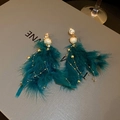 Elegant emerald green feather earrings with pearls and shiny diamonds in gold finish - Dark Blue Feather Pearl Tassel (23#)