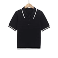 Gebreid poloshirt met korte mouwen in zwart met witte strepen en kabelstructuur - S / Zwart
