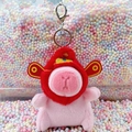 Pink plush pig keychain with red lion dance hat and silver lobster clasp accessory - God of Wealth Pink + Silver Clip