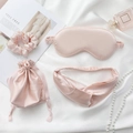 Light pink faux silk sleep set with eye mask, scrunchies and drawstring storage pouch - 4pcs Set (Square Bag) / Flesh Pink