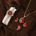 Exquisite gold-tone quartz watch and jewelry set with red gems and pearls in a display box - Red Peacock Set