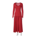 Detail view of red V-neck long sleeve dress with A-line cut and waist pleats - S / Red