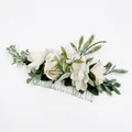 Bohemian floral hair comb with white faux petals and green leaves for bridal styling - FS41-2 Champagne