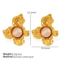 Artistic gold flower-shaped stainless steel earrings with round opal stones - 23.2x19.5mm / Gold Pink Cat Eye Stone (EH653)