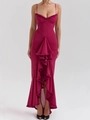Elegant deep rose red V-neck ruffle dress with slim fit and spaghetti straps - XS / Burgundy