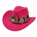 Ethnic rose red western cowboy hat with brown feathers and ornate beaded band decoration - M (56-58cm) / Rose Red