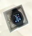 Minimalist digital watch with black silicone strap and silver chain bracelet in a white box - Black