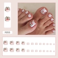 Floral press-on toenails in pink with red flower patterns and green leaf accents - F055 Natural Style / Glue Type