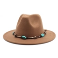Detail of the brown wool fedora hat with turquoise stone and braided leather band - M (56-58cm) / Khaki