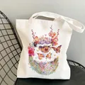 White floral canvas tote bag featuring watercolor hedgehog and flower patterns - C12 Floral Hedgehog