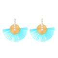 Bohemian fan-shaped tassel earrings with gold discs, white pearls, and light blue silk fringe - Blue