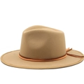 Classic khaki wool fedora hat with wide brim and brown leather band detail for men and women - M (56-58cm) / Khaki