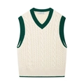 Gilet in maglia a trecce bianco con scollo a V e profili verdi a contrasto stile collegiale - S / Bianco latte