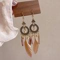 Bohemian drop earrings with beige feathers and fringe on golden rings shown on card - 74# Ear Hook - Gold - Orange (Leather Tassel Off-white Feather)
