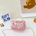 Pink tweed crossbody bag for girls with pearl handle, bow, and flower charms - Small Rose Pink