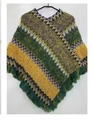 Ethnic knit poncho with green, yellow and purple chevron patterns and fringe trim - Pullover Poncho / Yellow-Green