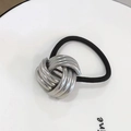 Sleek silver metal twisted knot hair tie with durable black elastic band - Spiral Pattern - Silver