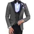 Men's grey business three-piece suit with dark blue lapel and double-breasted vest - Dark Gray