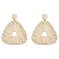 Handmade bohemian cream raffia triangle woven drop earrings with white beaded trim - Cream White Triangle Raffia Woven Earrings