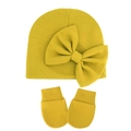 Ginger yellow baby beanie and anti-scratch mittens set with a large knit bow detail - Olive Green