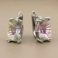 Detail of square faceted crystal earrings with pink and green gradient in silver setting - Silver Style 9