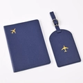 Blue PU leather passport cover and luggage tag set with golden airplane design - Dark Blue Airplane