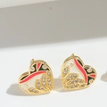 Detailed shot of heart stud earrings with enamel finish and sparkling rhinestones - Heart / White
