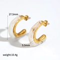Gold-plated stainless steel C-shape earrings with white marble resin accents - White Marble C-Shape (TE60242-WT)
